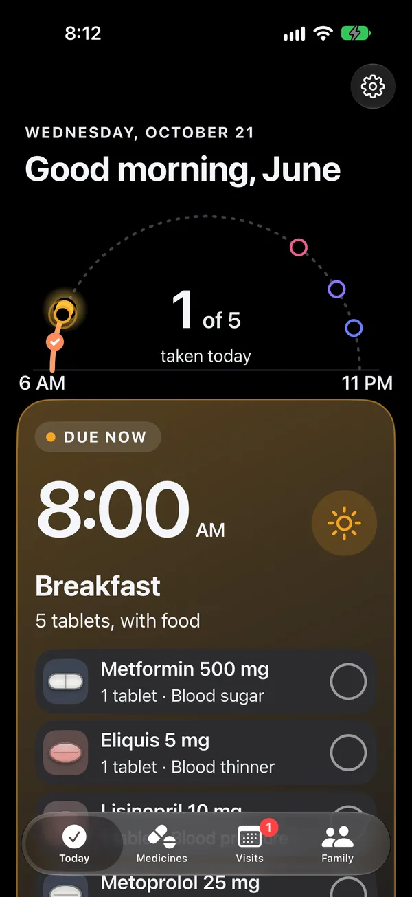 Say When's Today screen at 8:12 AM on Wednesday: Good morning, June, 1 of 5 taken today, the day drawn as the sun's path, and the breakfast card, due now at 8:00 AM, 5 tablets with food, listing Metformin and Eliquis.