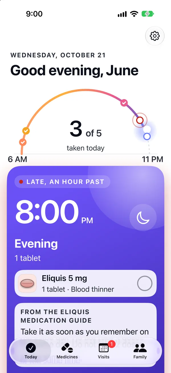 Say When's Today screen at 9:00 PM: Good evening, June, 3 of 5 taken today, and the evening card, late, an hour past 8:00 PM, Eliquis 5 mg, with the Eliquis medication guide's words for a missed dose.