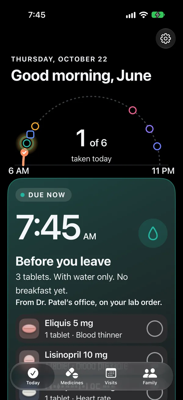 Say When's Today screen on Thursday at 7:45 AM: due now, before you leave, 3 tablets with water only and no breakfast yet, from Dr. Patel's office, on your lab order. Eliquis and Lisinopril are listed.
