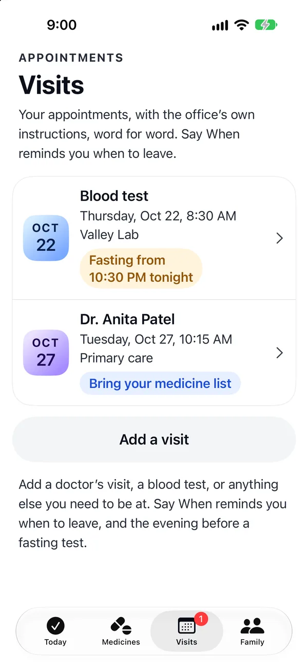 The Visits tab: a blood test on Thursday, Oct 22, at 8:30 AM at Valley Lab, fasting from 10:30 PM tonight, and Dr. Anita Patel, primary care, on Tuesday, Oct 27, at 10:15 AM, bring your medicine list. An Add a visit button.