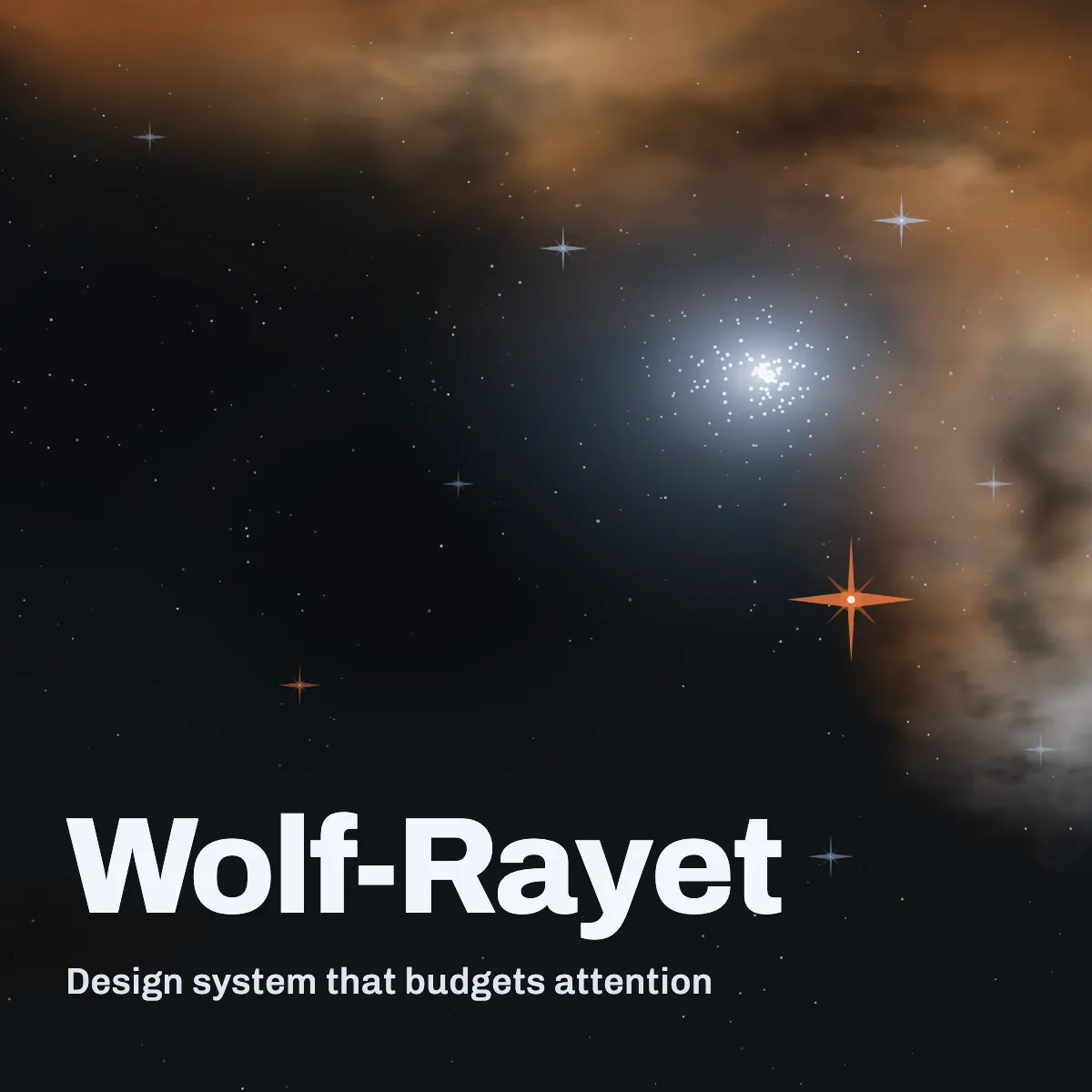 Wolf-Rayet, its name over a dark sky with one bright star cluster