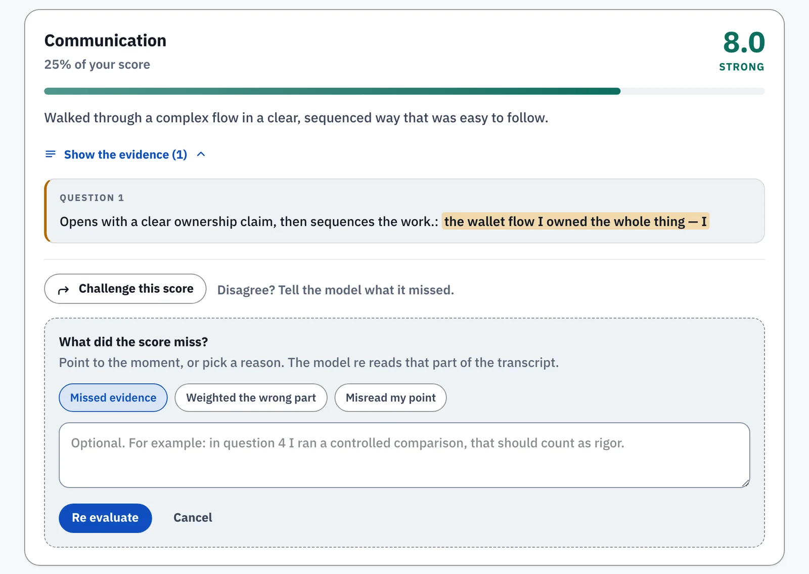 Criterion's challenge panel: the candidate picks Missed evidence, and the model will read that part of the transcript again