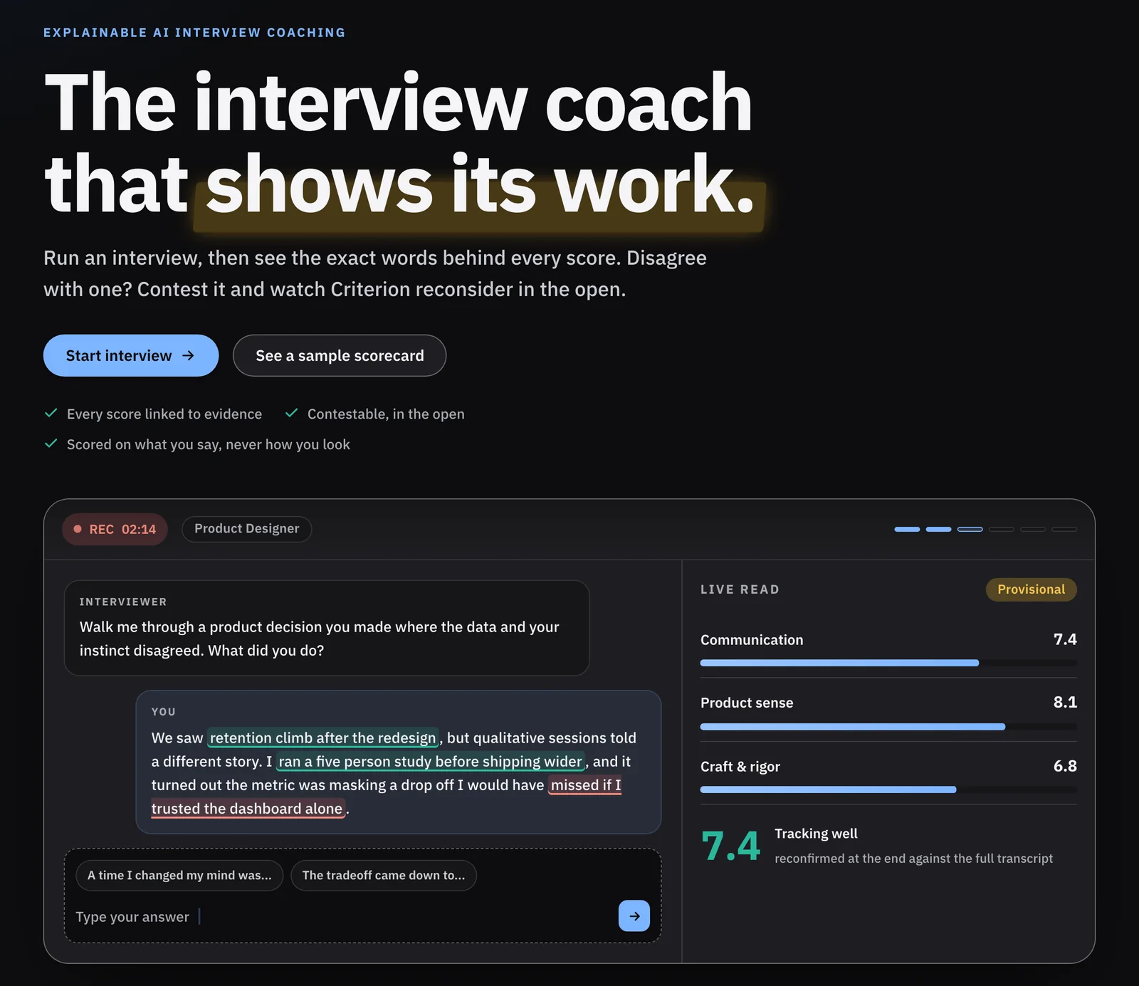Criterion's landing page: the interview coach that shows its work, with the interview stage scoring an answer as it is given