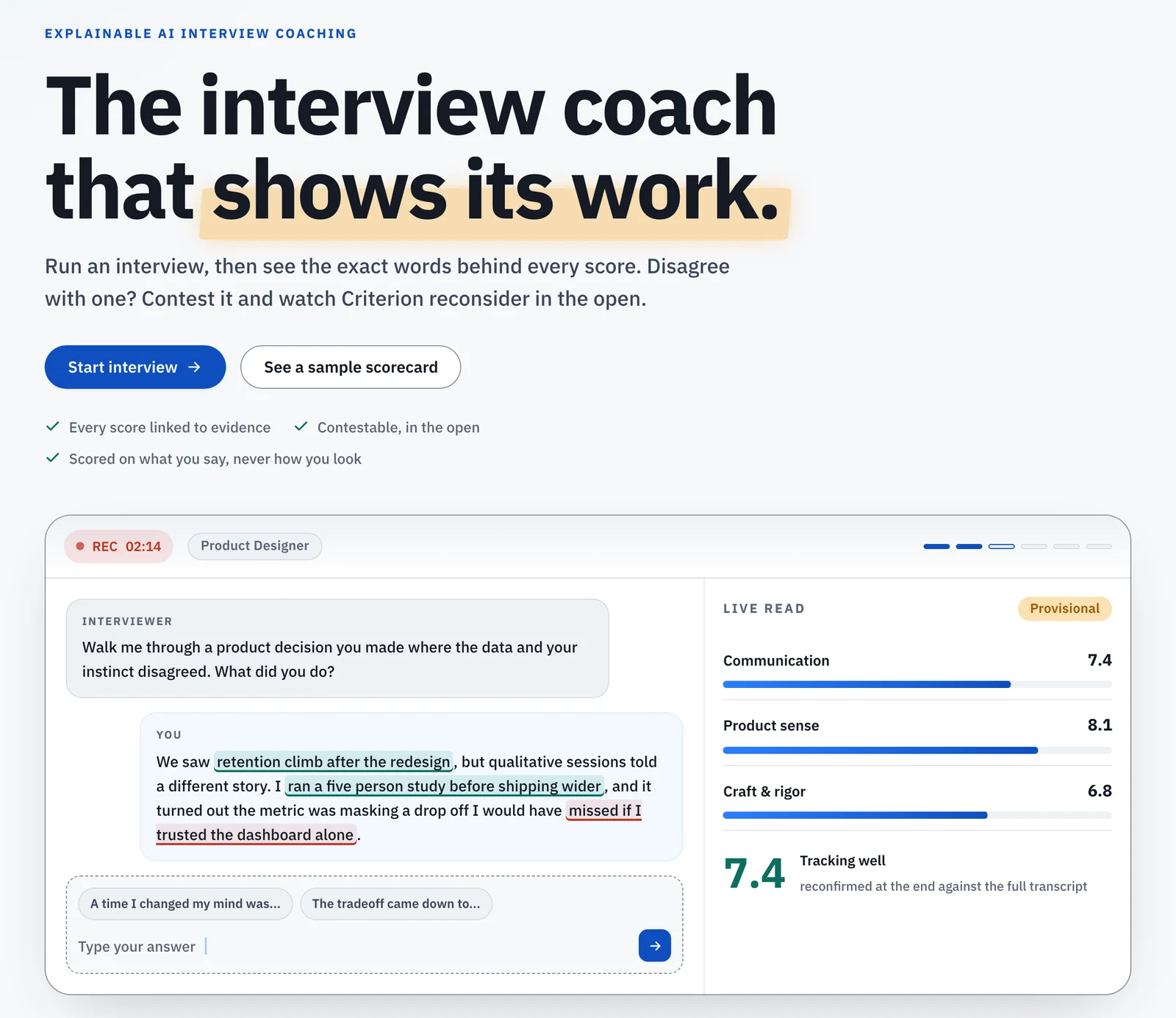 Criterion's landing page: the interview coach that shows its work, with the interview stage scoring an answer as it is given